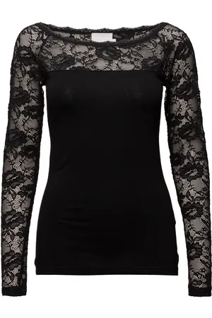 Kaffe Lacy Boat T-Shirt Tops Blouses Long-sleeved Black