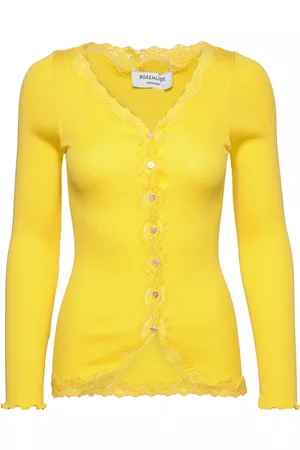 Rosemunde Naiset Neuletakit - Silk Cardigan Ls W/Vintage Lace Neuletakki Keltainen