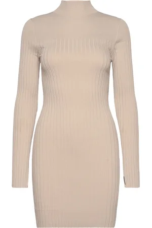 Calvin Klein Iconic Rib Mini Knit Dress Ls Dresses Knitted Dresses Beige