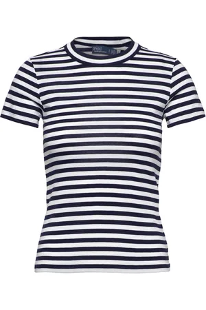 Ralph Lauren Striped Ribbed Cotton Crewneck Tee Tops T-shirts & Tops Short-sleeved Blue
