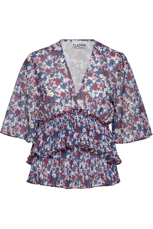 Ganni Pleated Georgette Designers Blouses Short-sleeved Multi/patterned