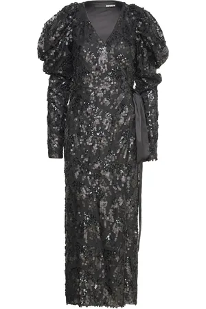 ROTATE Sequins Midi Wrap Dress Designers Knee-length & Midi Black