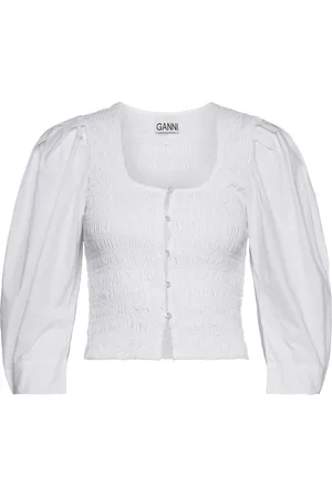 Ganni Cotton Poplin Designers Blouses Long-sleeved White