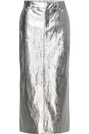 MANGO Metallic Midi Skirt Polvipituinen Hame Silver