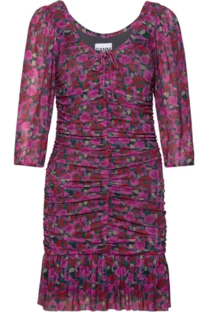 Ganni Printed Mesh Designers Short Dress Pink