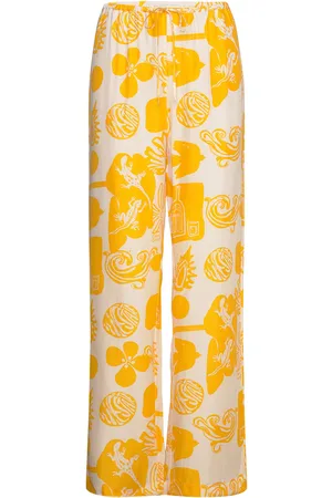 Rodebjer Lunara Print Designers Trousers Wide Leg Yellow