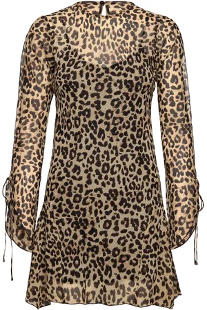 MANGO Flared-Sleeved Leopard-Print Dress Lyhyt Mekko Brown