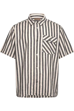 Rue de Tokyo Salvio Patterned Linen Structure Tops Shirts Short-sleeved Beige