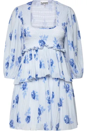 Ganni Pleated Georgette Lyhyt Mekko Blue