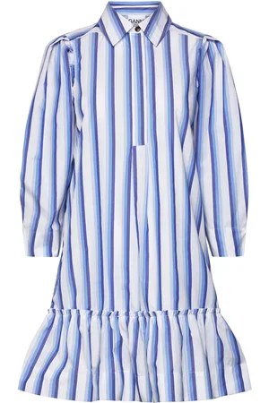 Ganni Stripe Cotton Lyhyt Mekko Blue