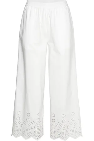 Rosemunde Cotton Trousers W/ Embroidery Bottoms Trousers Wide Leg White
