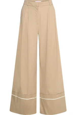 MANGO Cotton Pleated Trousers Bottoms Trousers Wide Leg Beige