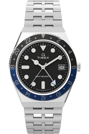 Timex Mens Q Gmt 38Mm Sst Case Black Dial Blue Accent Bracelet Accessories Watches Analog Watches Silver