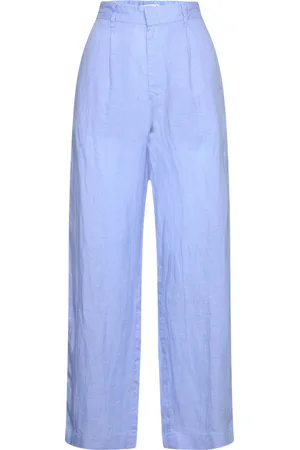 Gina Tricot Linen Trousers Bottoms Trousers Wide Leg Blue