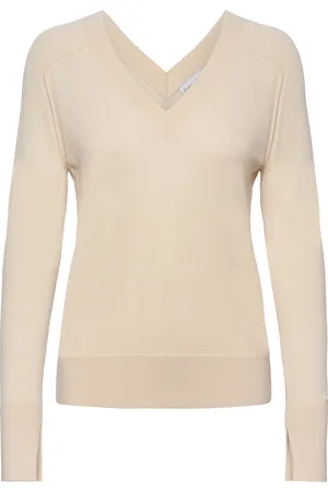 Calvin Klein Merino Wool Double V-Nk Sweater Tops Knitwear Jumpers Beige
