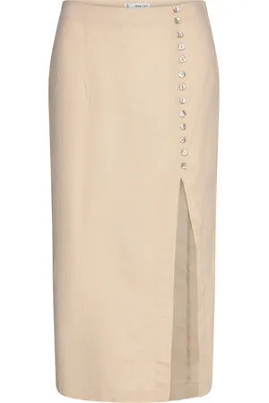 MANGO Linen Skirt With Slit Polvipituinen Hame Beige