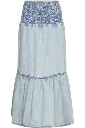 Gina Tricot Smock Flounce Denim Skirt Pitkä Hame Blue