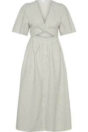 SELECTED Slfvittoria Ss Striped Midi Shirt Dress Polvipituinen Mekko Beige