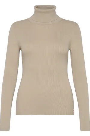 Calvin Klein Woven Label Roll Neck Sweater Tops Knitwear Turtleneck Beige