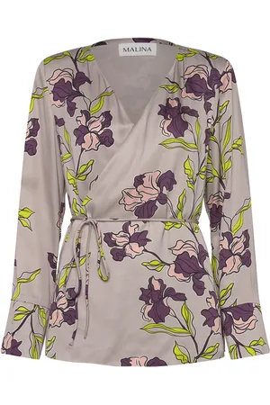 By Malina Adina Satin Wrap Blouse Tops Blouses Long-sleeved Grey