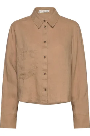 MANGO Cropped Linen Shirt Tops Shirts Linen Shirts Brown