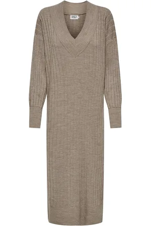 ONLY Olmnew Tessa L/S Midi V Dress Knt Polvipituinen Mekko Beige