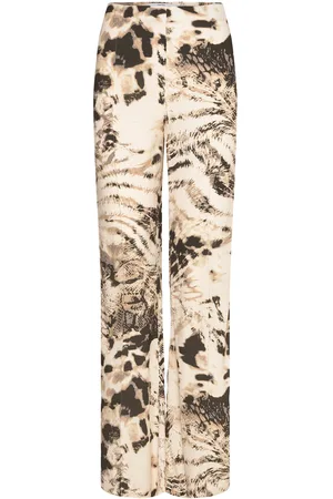 MANGO Fluid Animal- Print Trousers Bottoms Trousers Wide Leg Beige