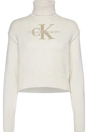 Calvin Klein Chenille Monologo Sweater Tops Knitwear Turtleneck White