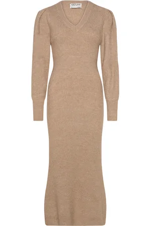 VERO MODA Vmangalina Ls V-Neck 7/8 Knit Dress Vma Maksimekko Juhlamekko Beige