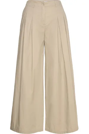 MANGO Cotton Pleated Trousers Bottoms Trousers Wide Leg Beige