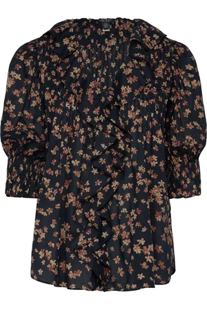 Ralph Lauren Floral Cotton Voile Puff-Sleeve Blouse Tops Blouses Short-sleeved Navy