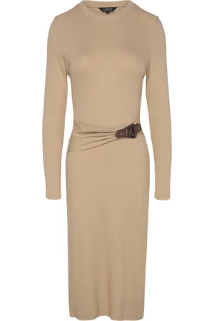Ralph Lauren Buckle-Trim Cotton-Blend Knit Midi Dress Polvipituinen Mekko Beige