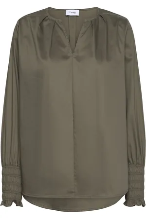Levete Room Lr-Isla Solid Tops Blouses Long-sleeved Khaki Green