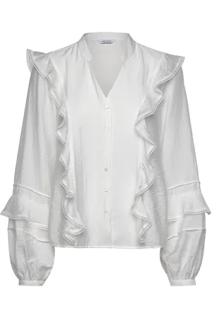 BUBBLEROOM Margaret V-Neck Frill Blouse Tops Blouses Long-sleeved White