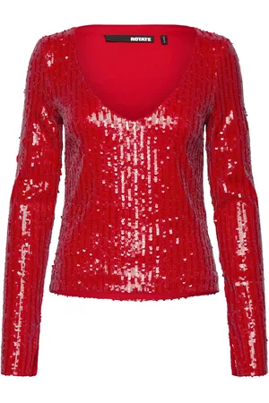 ROTATE Sequins Ls V-Neck Top Tops Blouses Long-sleeved Red