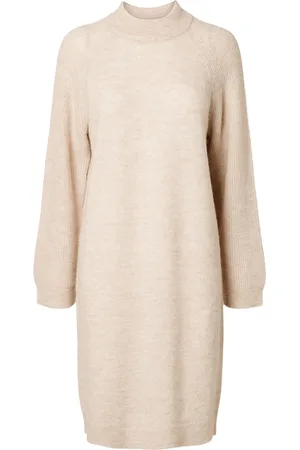 SELECTED Slflulu Ls High Neck Knit Dress Polvipituinen Mekko Beige