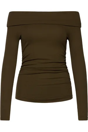 Ralph Lauren Cotton-Blend Off-The-Shoulder Top Tops T-shirts & Tops Long-sleeved Khaki Green