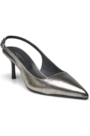 Jonak 264-Diamantus Cuir Metallise Shoes Sling Backs Heeled Slingbacks Silver