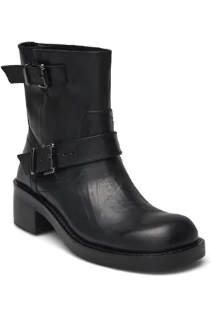 Bianco Biaharper Mid Calf Biker Boot Pull Up Leather Shoes Boots Ankle Boots Ankle Boots Flat Heel Black