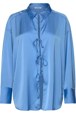Monki Tiedetail Relaxed Satin Shirt Tops Shirts Long-sleeved Blue