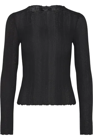 Monki Ribbed Long Sleeve Lettuce Hem Top Tops T-shirts & Tops Long-sleeved Black