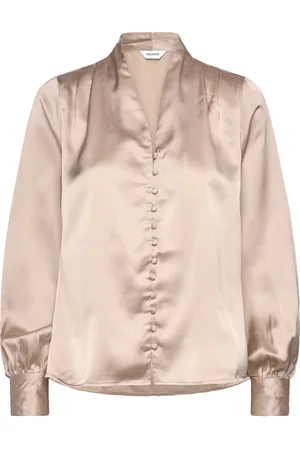 BUBBLEROOM Remi Satin Blouse Tops Blouses Long-sleeved Beige