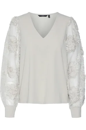 VERO MODA Vmemmaly Ls V- Neck 2-Way Top Jrs Ga Tops T-shirts & Tops Long-sleeved Cream