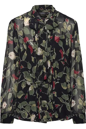 Ralph Lauren Floral Crinkle Georgette Tie-Neck Blouse Tops Blouses Long-sleeved Black