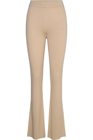 Davida Cashmere Fine Knit Rib Pants Bottoms Trousers Flared Beige