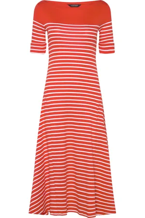 Ralph Lauren Striped Cotton Midi Dress Polvipituinen Mekko Orange