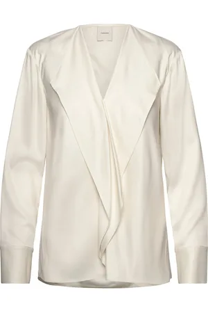 Calvin Klein Natural Sheen Ls Draped Blouse Tops Blouses Long-sleeved Cream