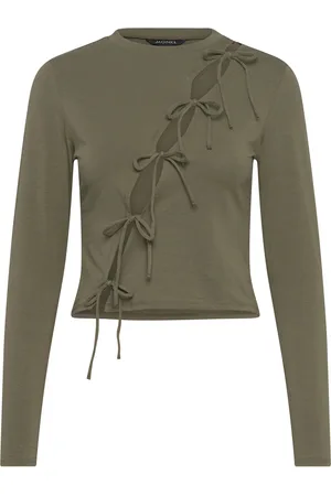 Monki Long Sleeve Tie Top Tops T-shirts & Tops Long-sleeved Khaki Green