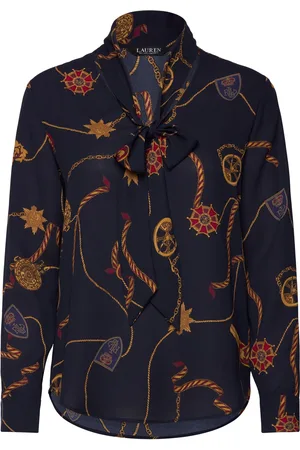 Ralph Lauren Belting-Print Georgette Tie-Neck Blouse Tops Blouses Long-sleeved Navy