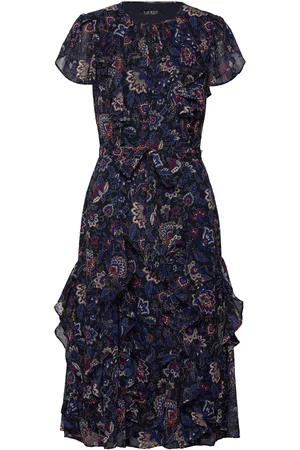 Ralph Lauren Floral Ruffle-Trim Georgette Dress Polvipituinen Mekko Navy